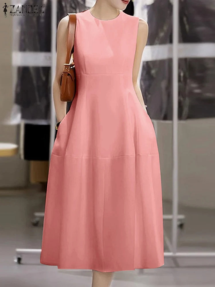 ZANZEA Elegant Women Dresses 2025 Summer Sleeveless Work OL Sundress Stylish Solid Party Dresses Casual O Neck Midi Vestidos