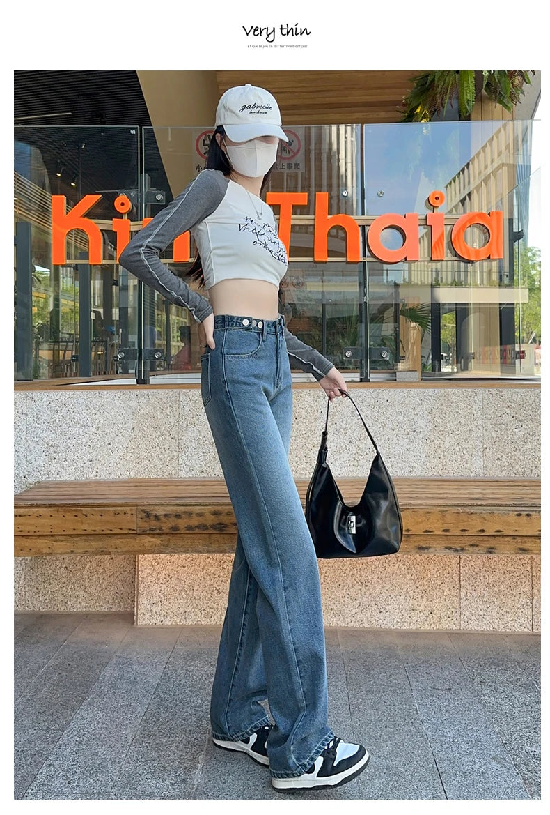 OUSSYU Women Jeans High Waist Wide Leg Loose Straight Adjustable  Waist Denim Pants Vintage Quality Fashion Korea Trousers