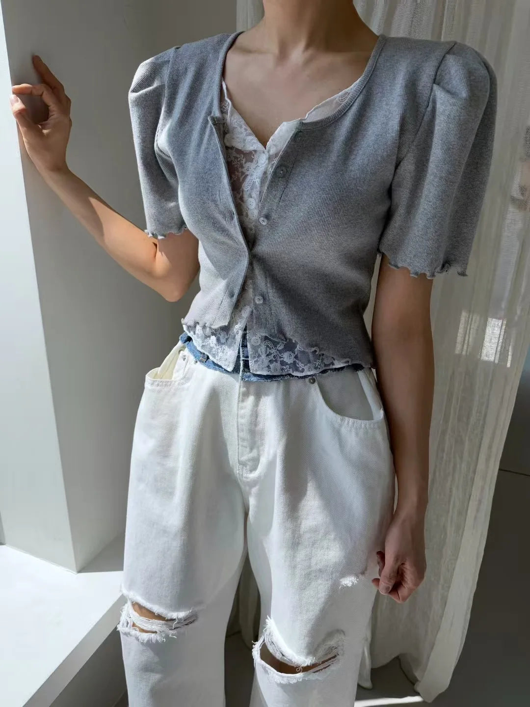 Liliang Lace Splicing Fake Two-Piece Knitted Top Women Summer New Vintage Earlet Lace Trim ort Sve Loose Fit Cardigan