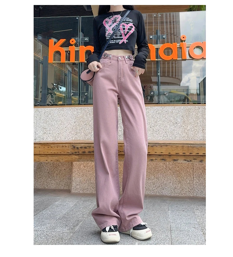 OUSSYU Women Jeans High Waist Wide Leg Loose Straight Adjustable  Waist Denim Pants Vintage Quality Fashion Korea Trousers