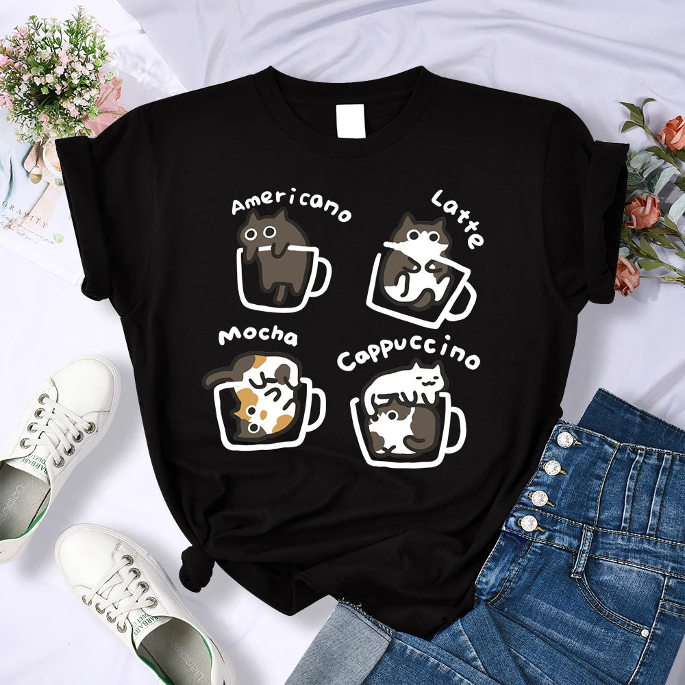Cat Coffee Art Letter Printed T-Shirts Women Breathable O-Neck Tee Shirts Loose Short Sleeve Soft Street Casual Clothes Female