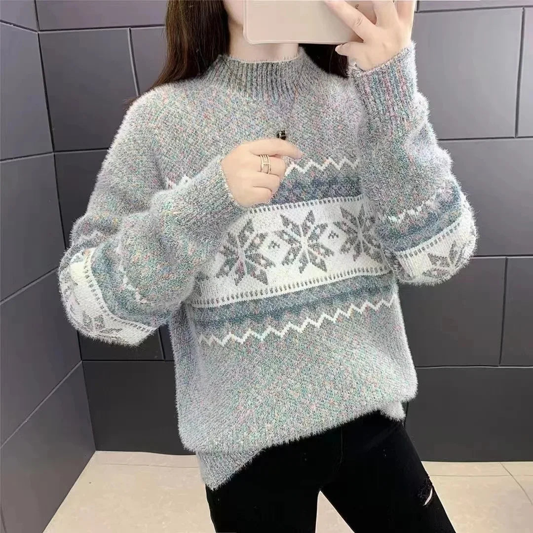 Christmas Knitted Sweater Half High Collar Snowflake Design New Autumn Winter Thickened Women's Sweater Independent Station