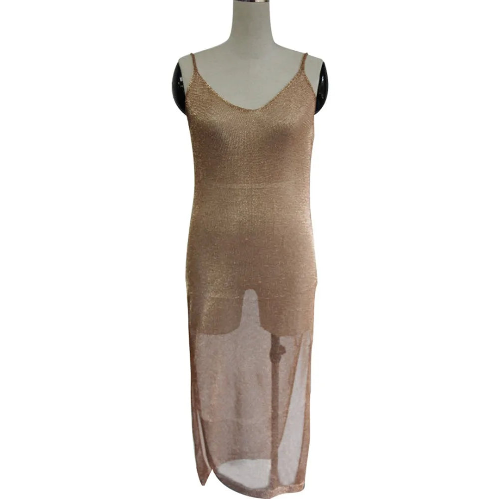 Sexy Sheer Net Mesh Knitted Glitter Tunic Beach Cover Up Cover-ups Long Beach Dress Beach Wear Beachwear Female Women Robe V651