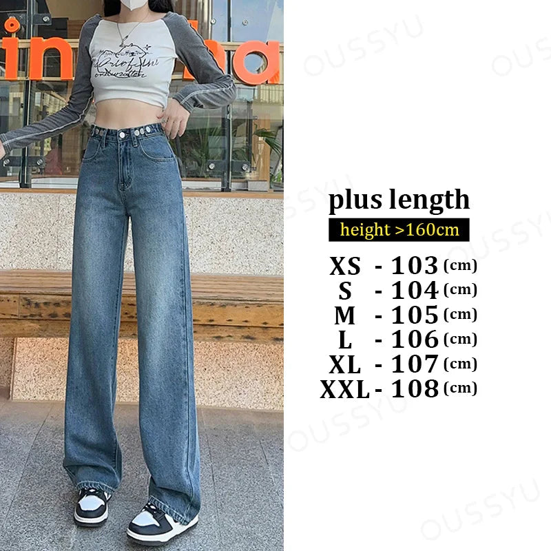 OUSSYU Women Jeans High Waist Wide Leg Loose Straight Adjustable  Waist Denim Pants Vintage Quality Fashion Korea Trousers