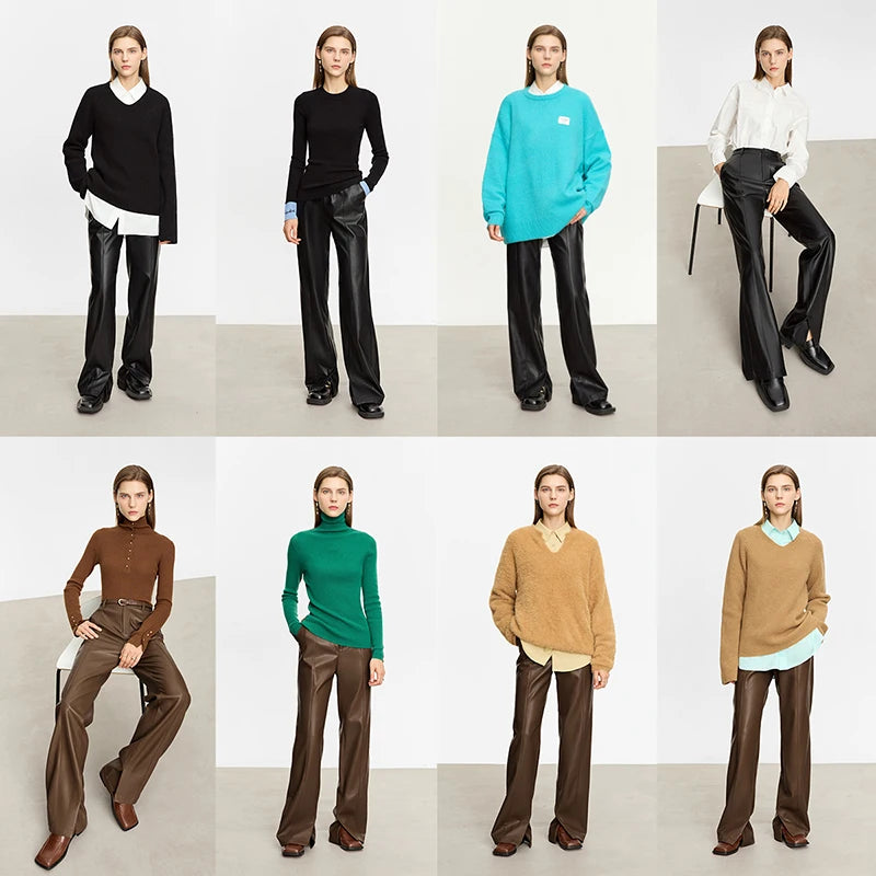 AMII Minimalist Casual Pants for Women 2025 Autumn Clothing PU Leather Loose Straight Pants Slit Office Lady Trousers 12343250