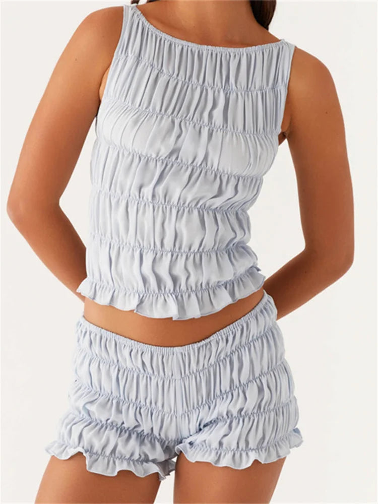 Women's 2 Piece Lounge Outfits Sleeveless Solid Color Ruched Tank Tops Shorts Sets