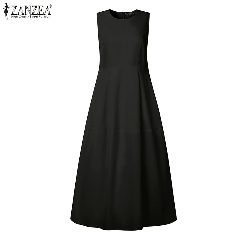 ZANZEA Elegant Women Dresses 2025 Summer Sleeveless Work OL Sundress Stylish Solid Party Dresses Casual O Neck Midi Vestidos