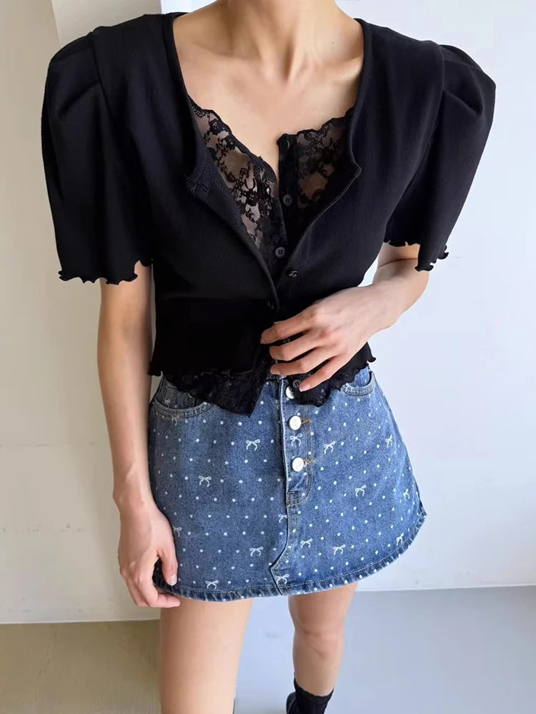 Liliang Lace Splicing Fake Two-Piece Knitted Top Women Summer New Vintage Earlet Lace Trim ort Sve Loose Fit Cardigan