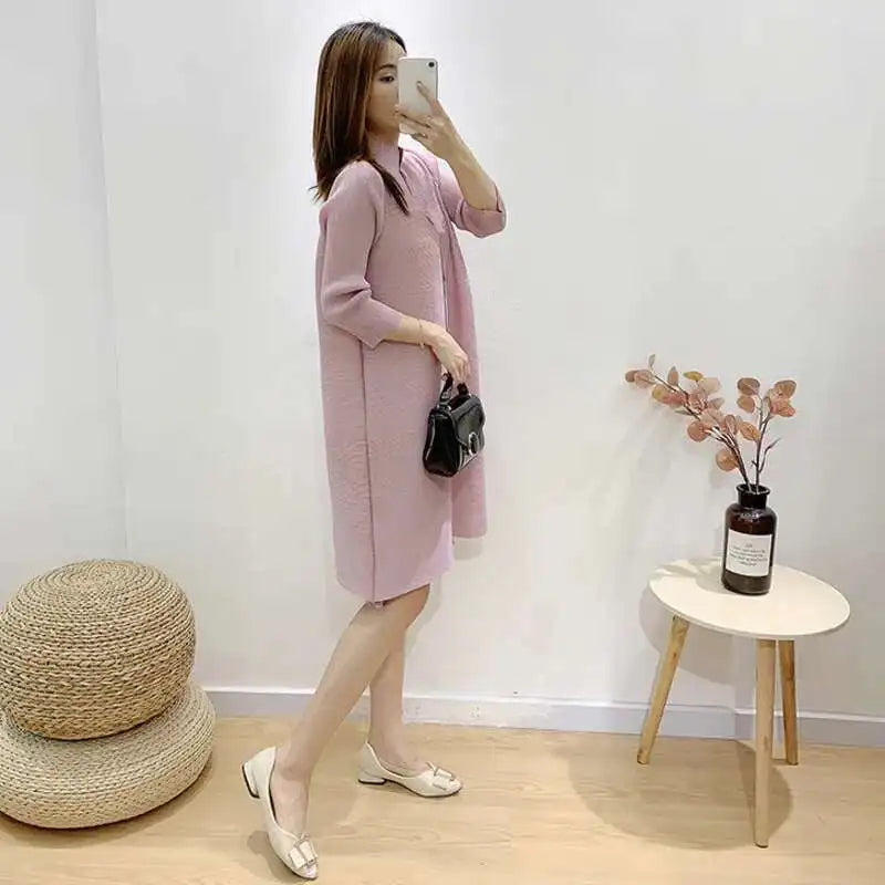 LANMREM Women  Pleated Single Breasted Dress New Stand Theree Quarter Sleeve  Fashion Tide Spring 2025 2F0095