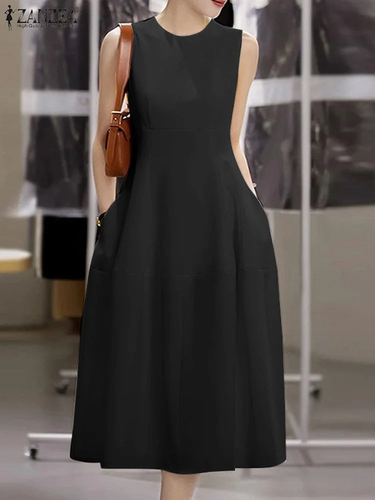 ZANZEA Elegant Women Dresses 2025 Summer Sleeveless Work OL Sundress Stylish Solid Party Dresses Casual O Neck Midi Vestidos