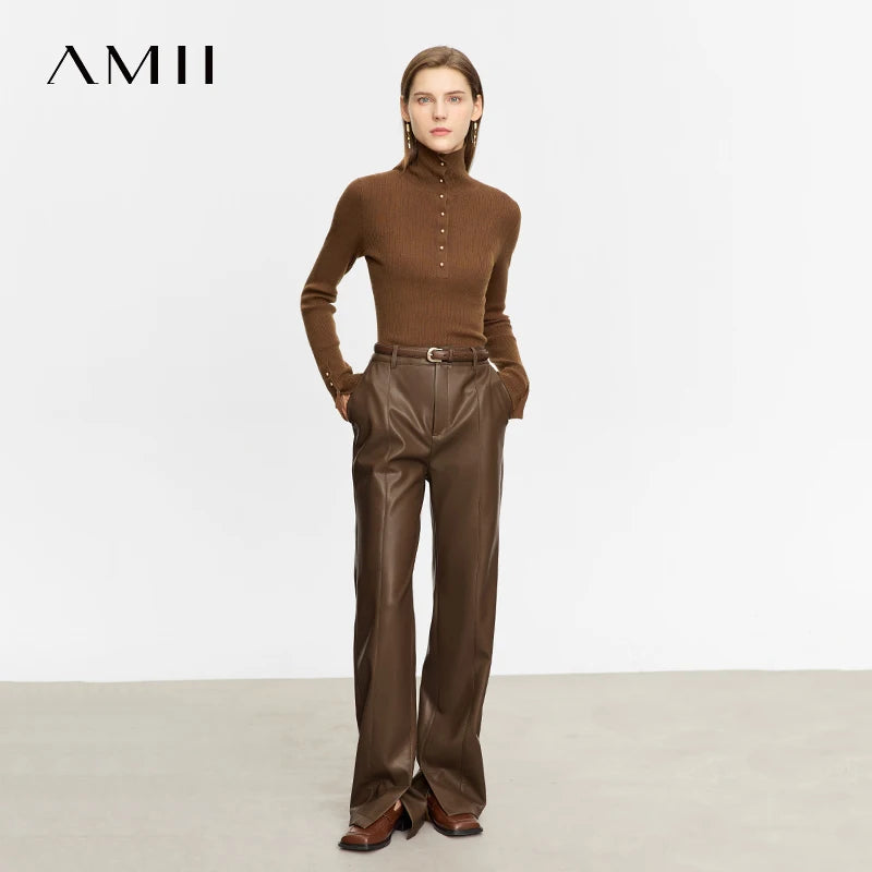 AMII Minimalist Casual Pants for Women 2025 Autumn Clothing PU Leather Loose Straight Pants Slit Office Lady Trousers 12343250