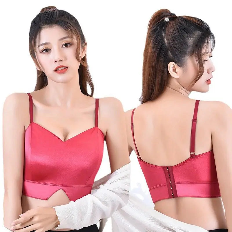 Sexy Satin Crop Tops Women Wireless Bralette Crochet Top Female Spaghetti Strap T-shirt Cropped With Chest Padded Camisole Camis