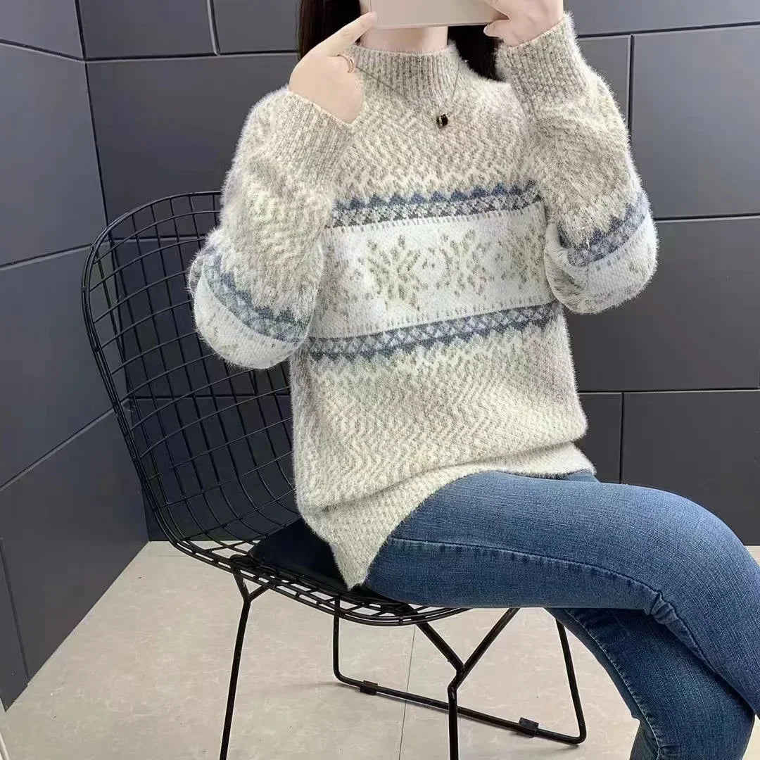 Christmas Knitted Sweater Half High Collar Snowflake Design New Autumn Winter Thickened Women's Sweater Independent Station