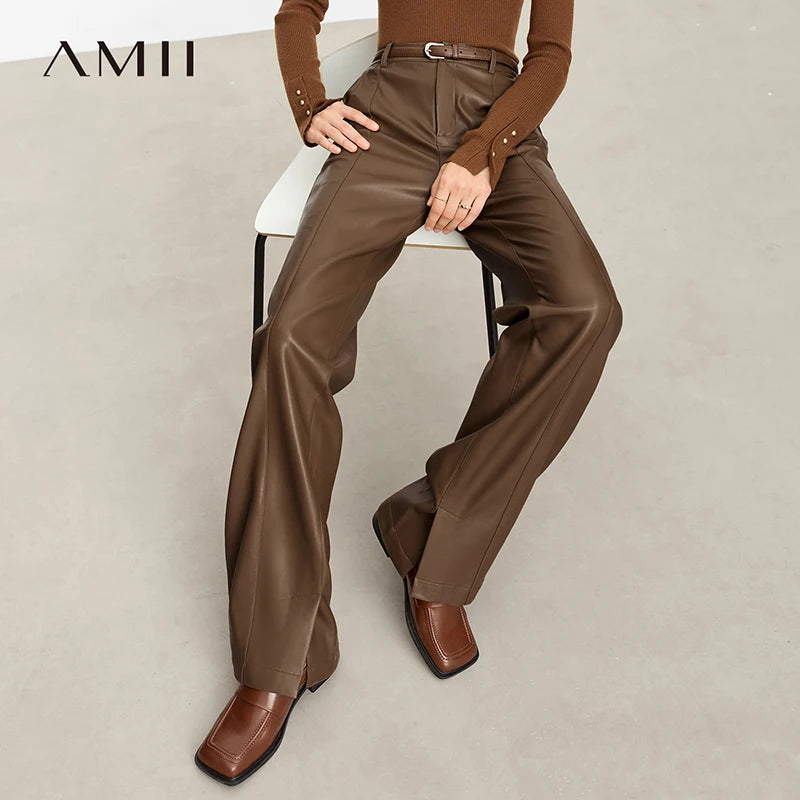 AMII Minimalist Casual Pants for Women 2025 Autumn Clothing PU Leather Loose Straight Pants Slit Office Lady Trousers 12343250