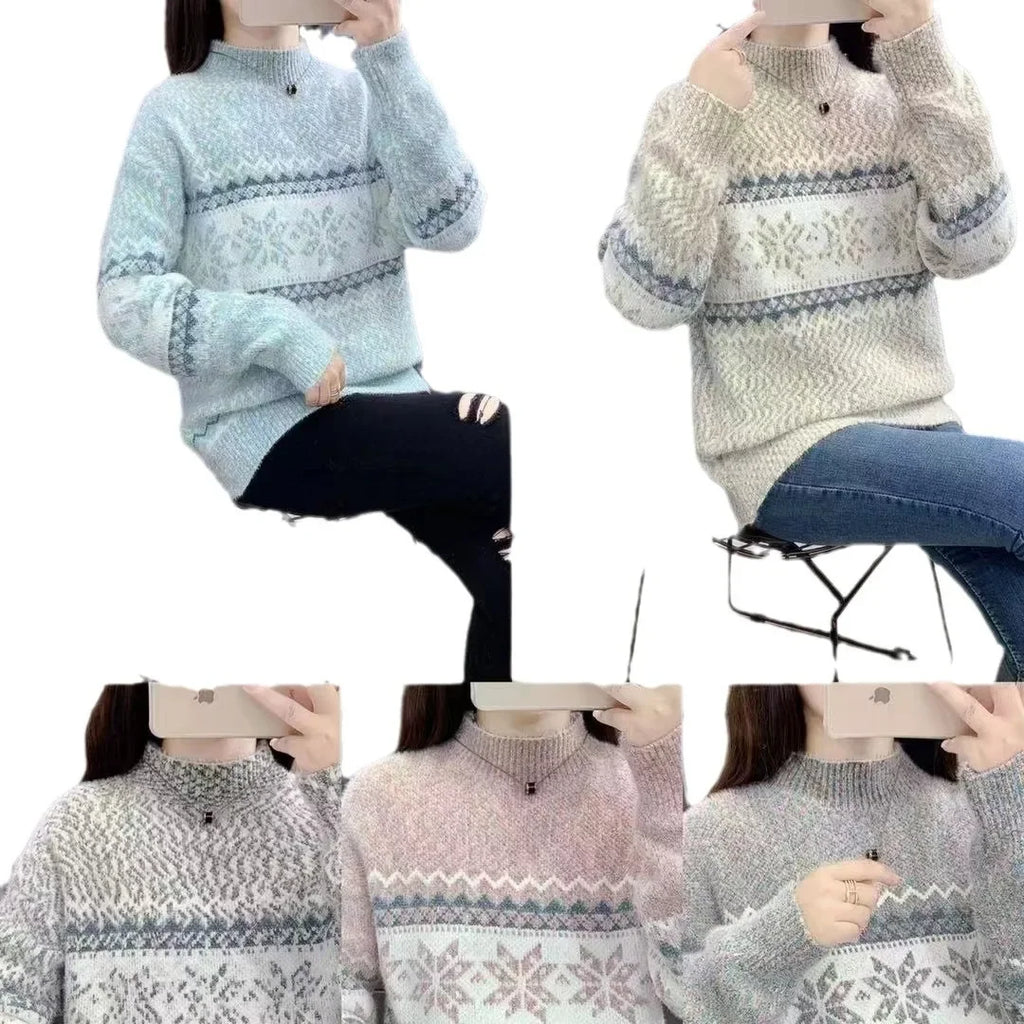 Christmas Knitted Sweater Half High Collar Snowflake Design New Autumn Winter Thickened Women's Sweater Independent Station