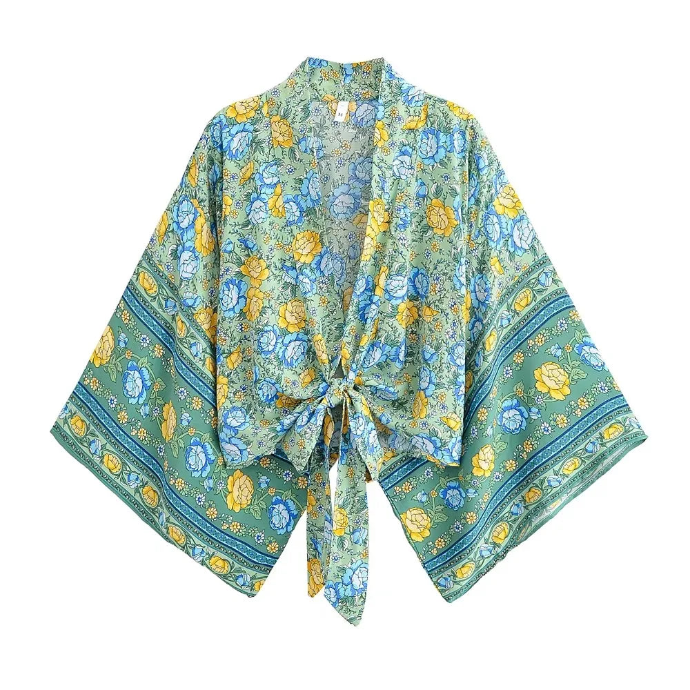 Happie Queens Floral Print Sashes Short  Kimono Women Fashion V Neck Batwing Sleeves Robe Lady Boho Bikini Cover-ups