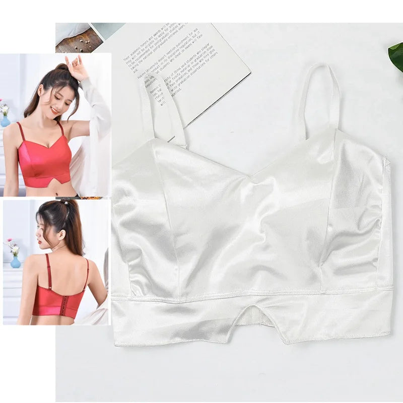 Sexy Satin Crop Tops Women Wireless Bralette Crochet Top Female Spaghetti Strap T-shirt Cropped With Chest Padded Camisole Camis