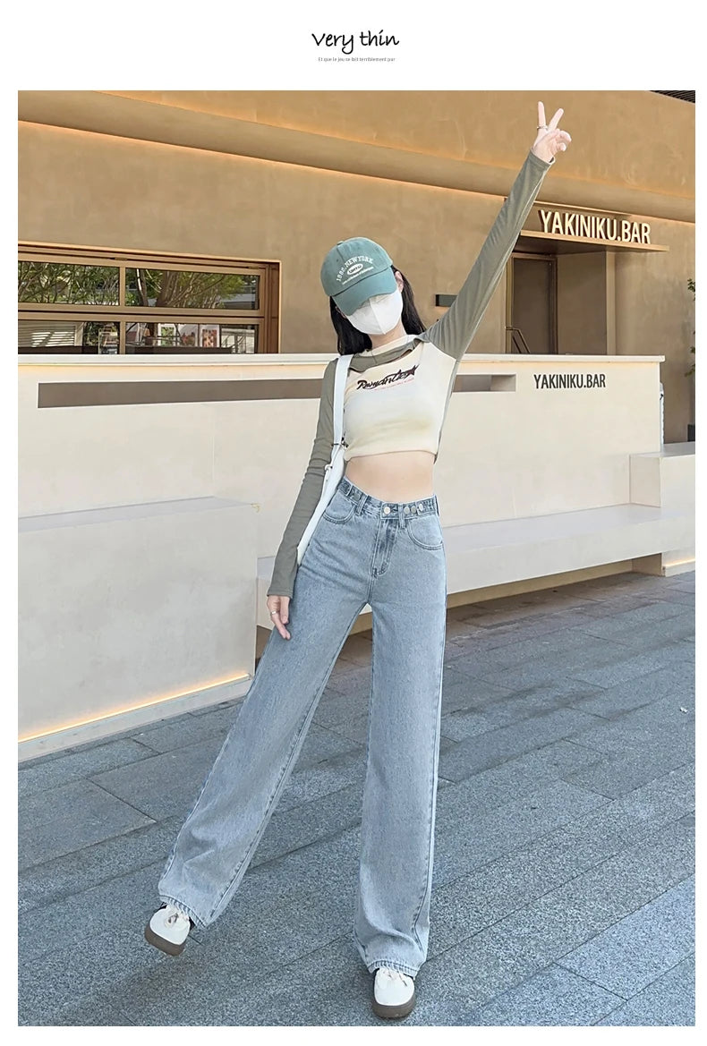 OUSSYU Women Jeans High Waist Wide Leg Loose Straight Adjustable  Waist Denim Pants Vintage Quality Fashion Korea Trousers