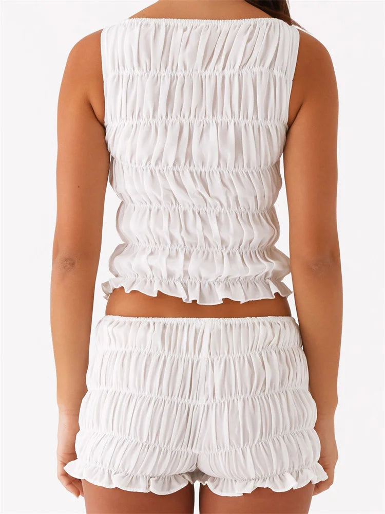 Women's 2 Piece Lounge Outfits Sleeveless Solid Color Ruched Tank Tops Shorts Sets