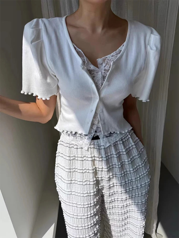 Liliang Lace Splicing Fake Two-Piece Knitted Top Women Summer New Vintage Earlet Lace Trim ort Sve Loose Fit Cardigan