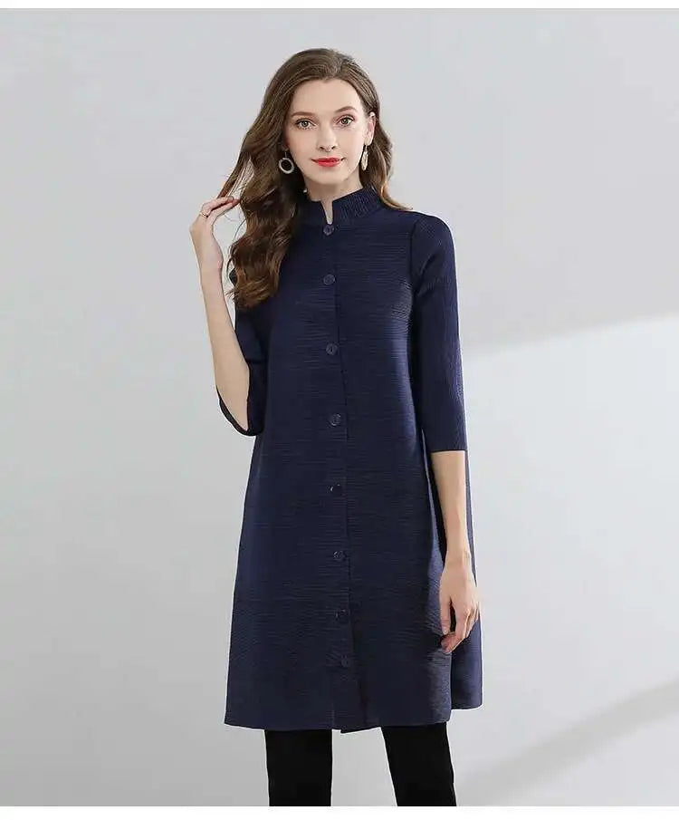 LANMREM Women  Pleated Single Breasted Dress New Stand Theree Quarter Sleeve  Fashion Tide Spring 2025 2F0095