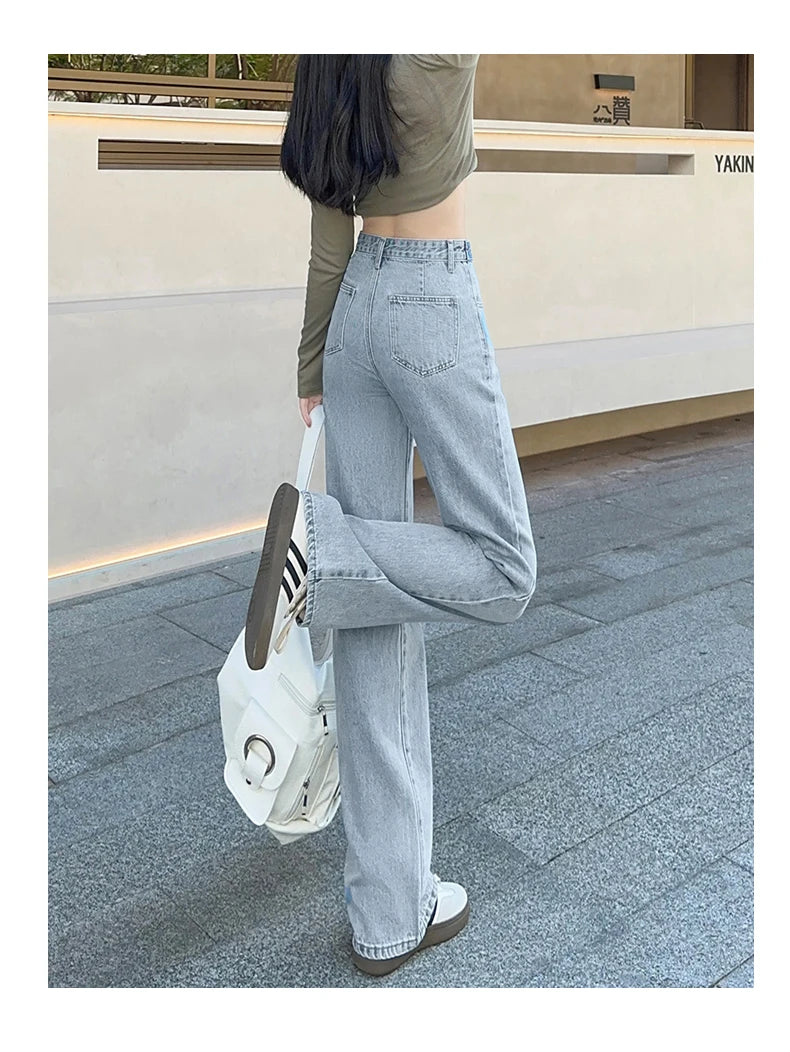 OUSSYU Women Jeans High Waist Wide Leg Loose Straight Adjustable  Waist Denim Pants Vintage Quality Fashion Korea Trousers