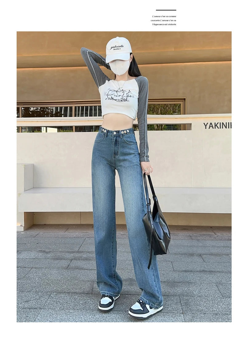 OUSSYU Women Jeans High Waist Wide Leg Loose Straight Adjustable  Waist Denim Pants Vintage Quality Fashion Korea Trousers