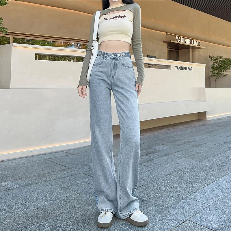 OUSSYU Women Jeans High Waist Wide Leg Loose Straight Adjustable  Waist Denim Pants Vintage Quality Fashion Korea Trousers