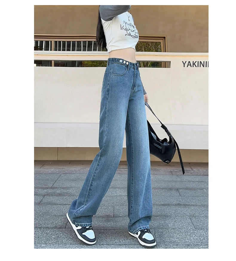 OUSSYU Women Jeans High Waist Wide Leg Loose Straight Adjustable  Waist Denim Pants Vintage Quality Fashion Korea Trousers