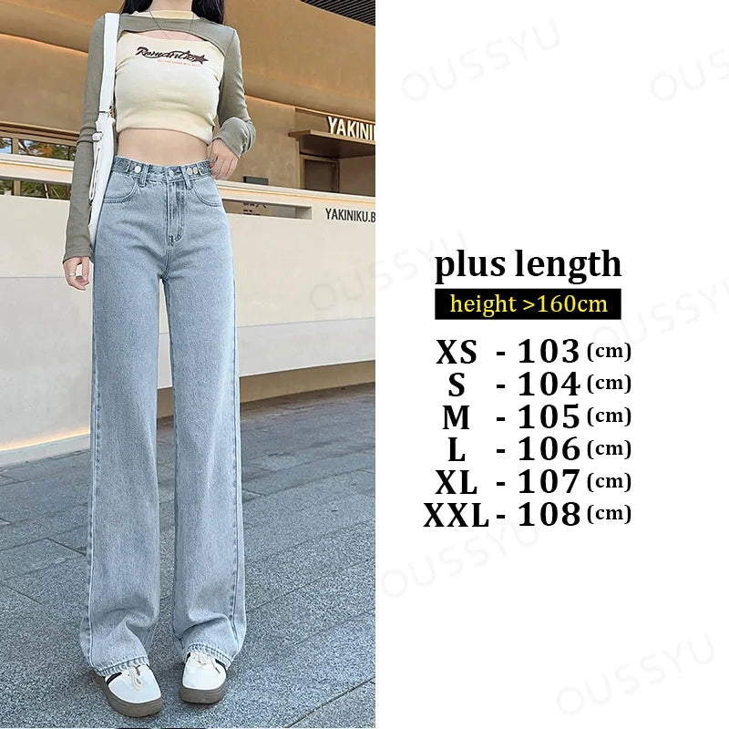 OUSSYU Women Jeans High Waist Wide Leg Loose Straight Adjustable  Waist Denim Pants Vintage Quality Fashion Korea Trousers
