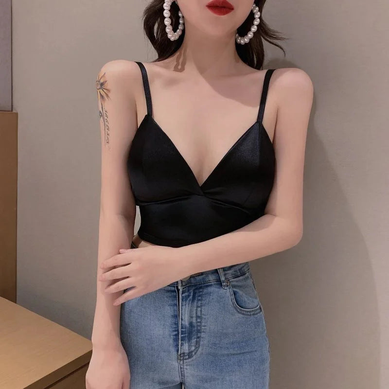 Sexy Satin Crop Tops Women Wireless Bralette Crochet Top Female Spaghetti Strap T-shirt Cropped With Chest Padded Camisole Camis