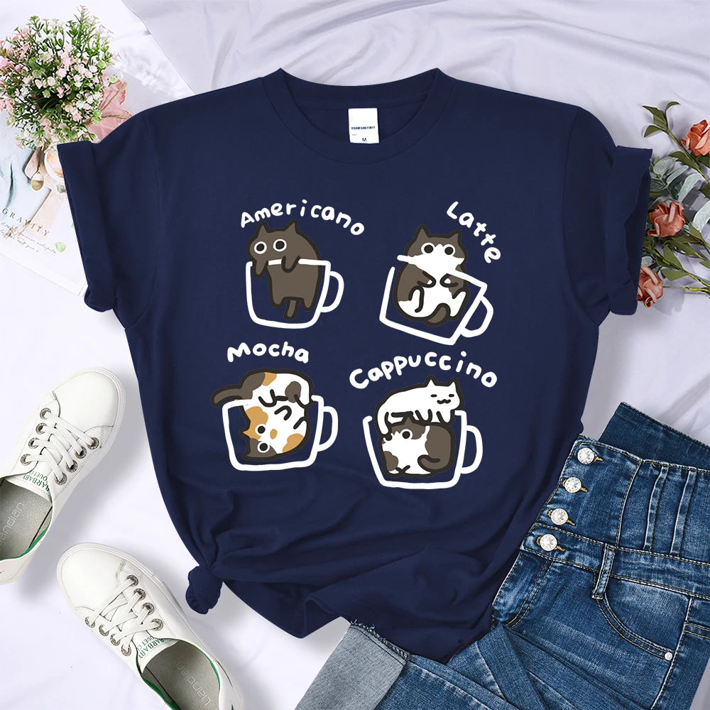 Cat Coffee Art Letter Printed T-Shirts Women Breathable O-Neck Tee Shirts Loose Short Sleeve Soft Street Casual Clothes Female