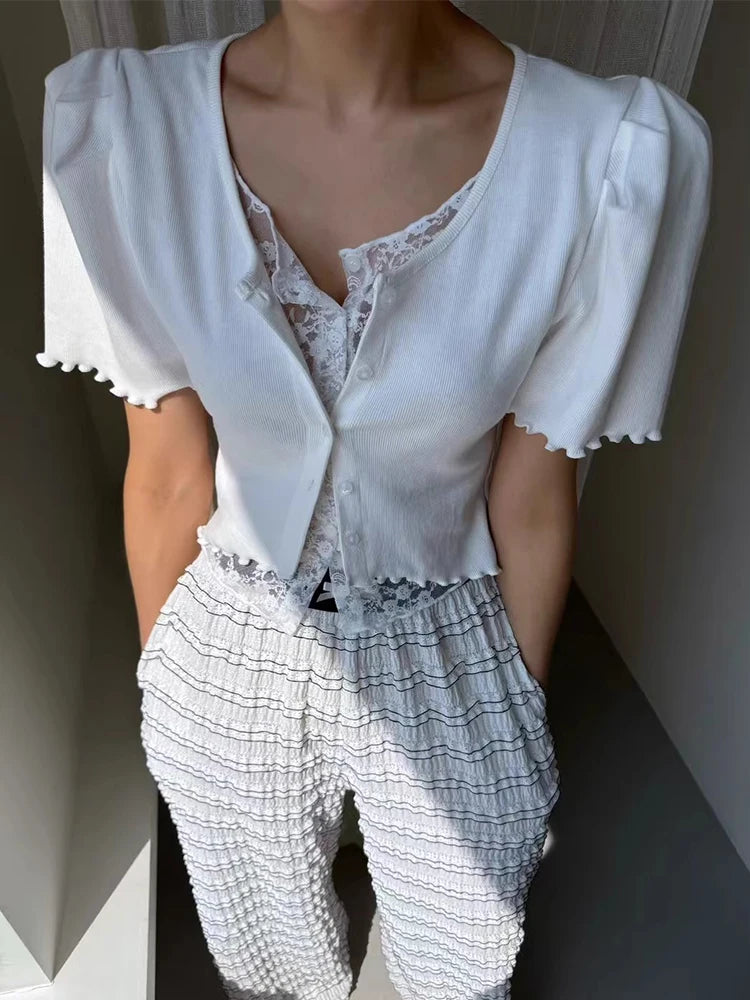 Liliang Lace Splicing Fake Two-Piece Knitted Top Women Summer New Vintage Earlet Lace Trim ort Sve Loose Fit Cardigan