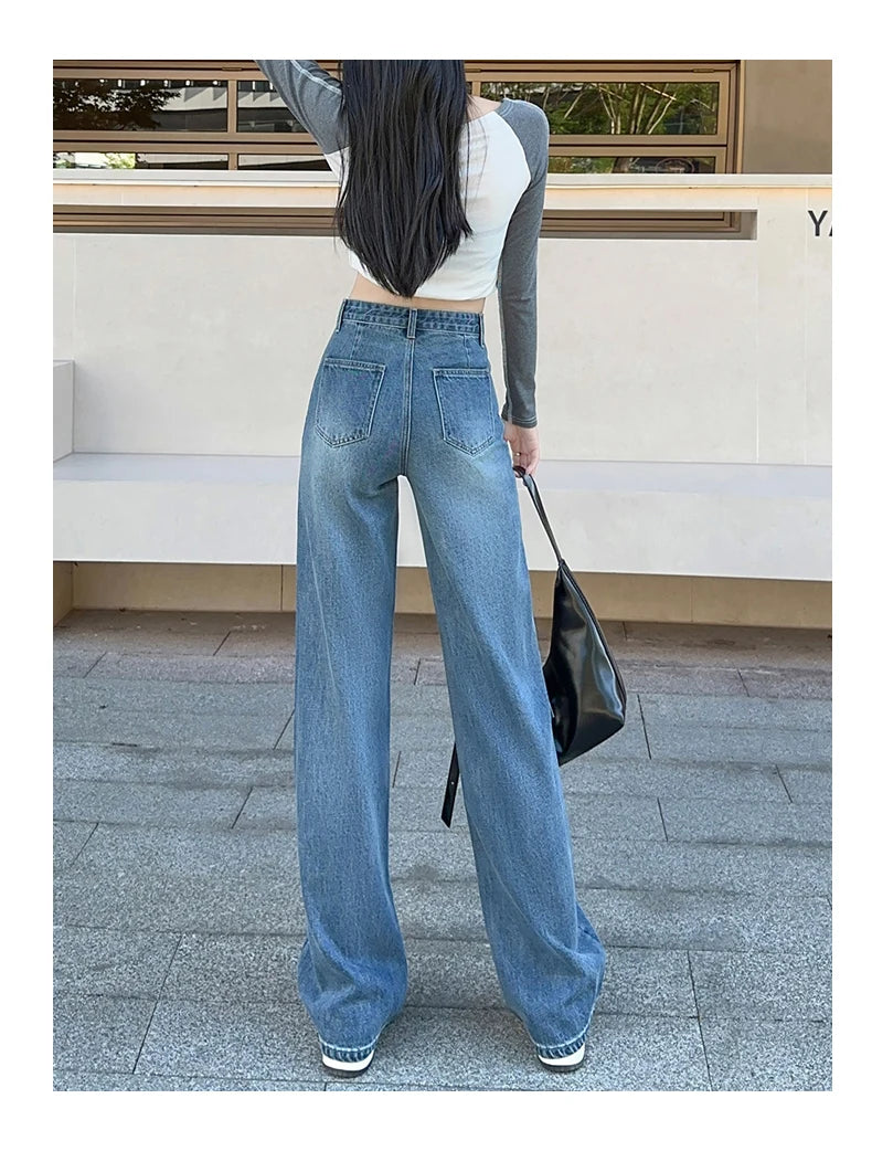 OUSSYU Women Jeans High Waist Wide Leg Loose Straight Adjustable  Waist Denim Pants Vintage Quality Fashion Korea Trousers