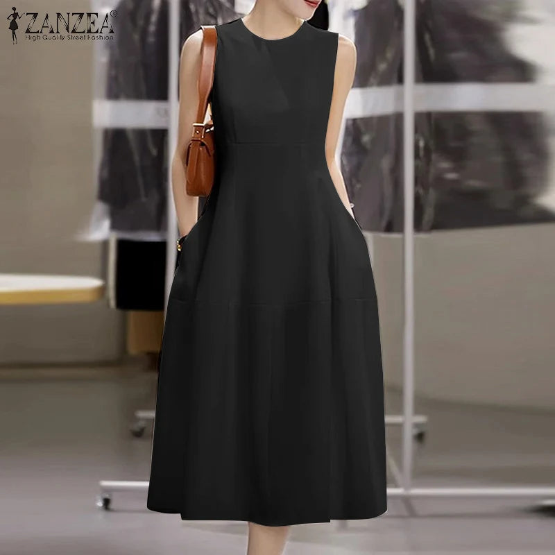 ZANZEA Elegant Women Dresses 2025 Summer Sleeveless Work OL Sundress Stylish Solid Party Dresses Casual O Neck Midi Vestidos