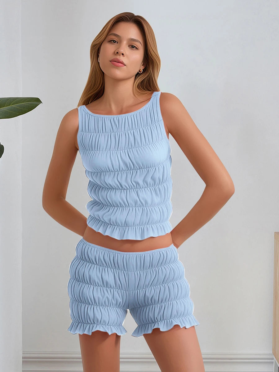 Women's 2 Piece Lounge Outfits Sleeveless Solid Color Ruched Tank Tops Shorts Sets