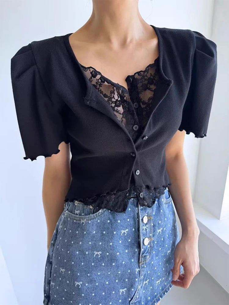 Liliang Lace Splicing Fake Two-Piece Knitted Top Women Summer New Vintage Earlet Lace Trim ort Sve Loose Fit Cardigan