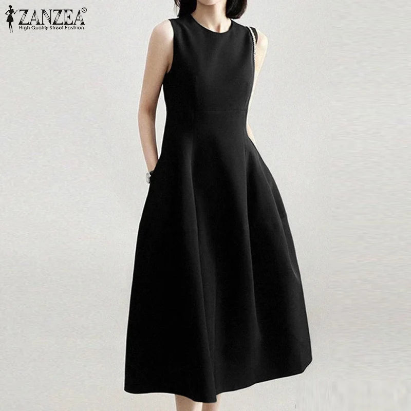 ZANZEA Elegant Women Dresses 2025 Summer Sleeveless Work OL Sundress Stylish Solid Party Dresses Casual O Neck Midi Vestidos