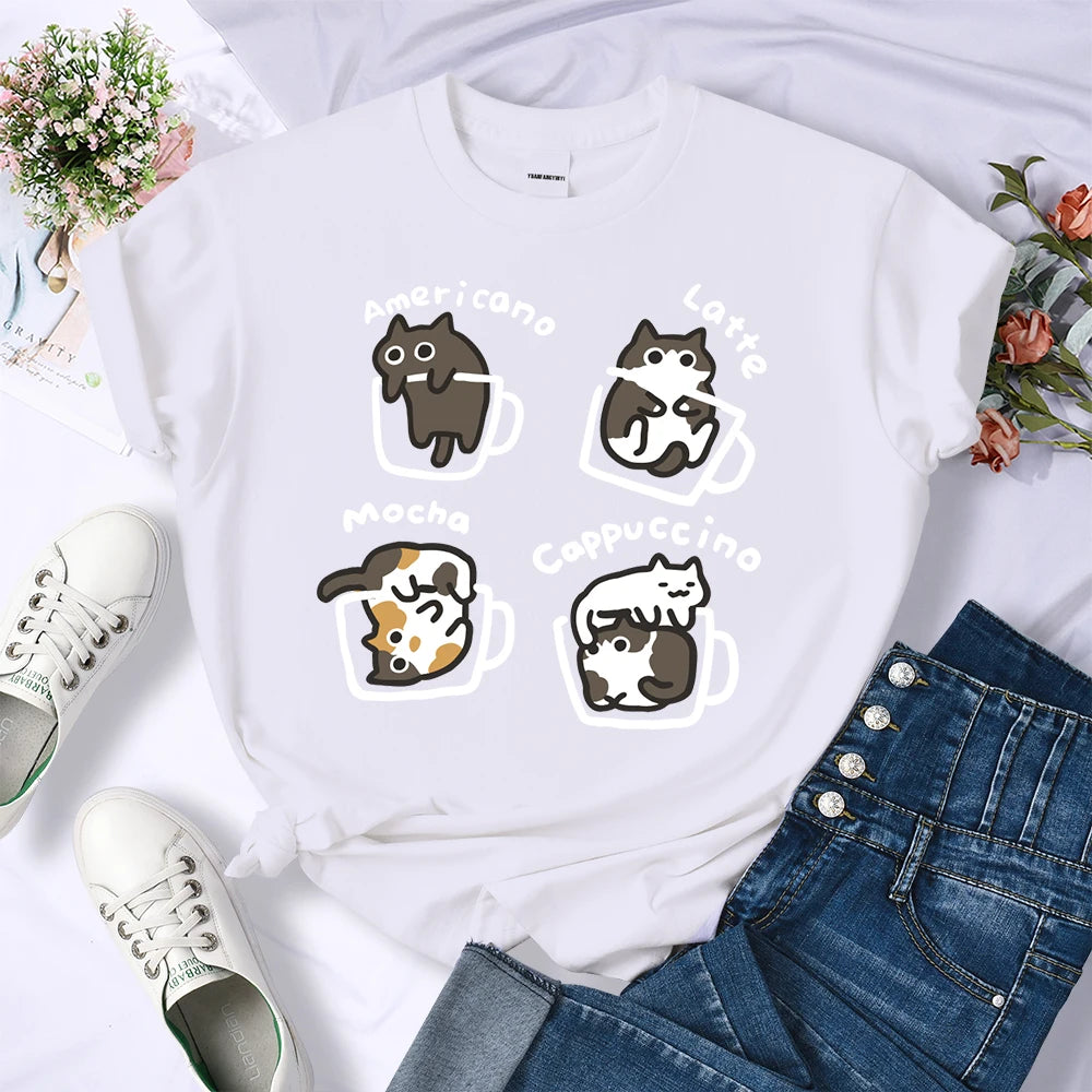 Cat Coffee Art Letter Printed T-Shirts Women Breathable O-Neck Tee Shirts Loose Short Sleeve Soft Street Casual Clothes Female